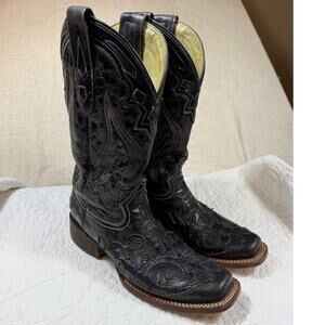 Corral Vintage Women 7M Black Distressed Snake Inlay Square Toe Western Boots
